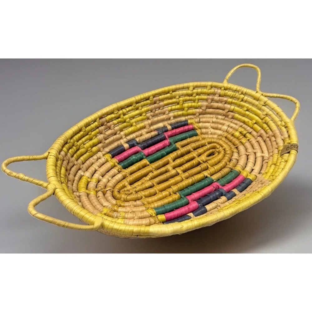 Vintage Handwoven Wicker Basket Tray Handles Yellow Serving Basket Western Boho